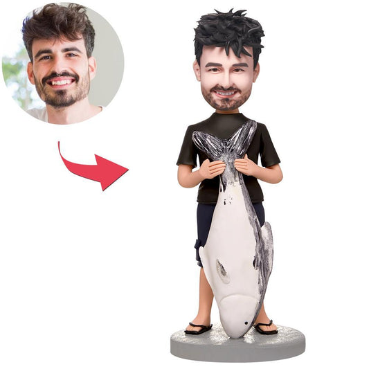 Custom fishing bobblehead with big fish – personalised polymer clay angler figurine with engraved base, custom head likeness, ideal Father's Day gift