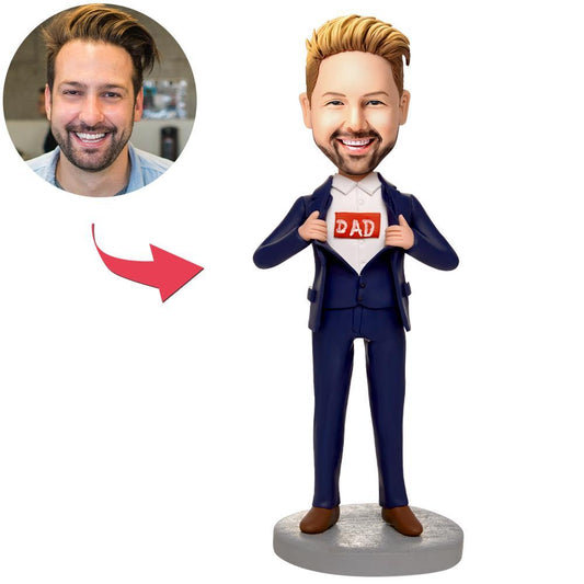 Personalised business blue suit 'Super Dad' superhero bobblehead with engraved base — polymer clay custom head created from your photo, ideal personalised Father's Day gift for UK and Australia