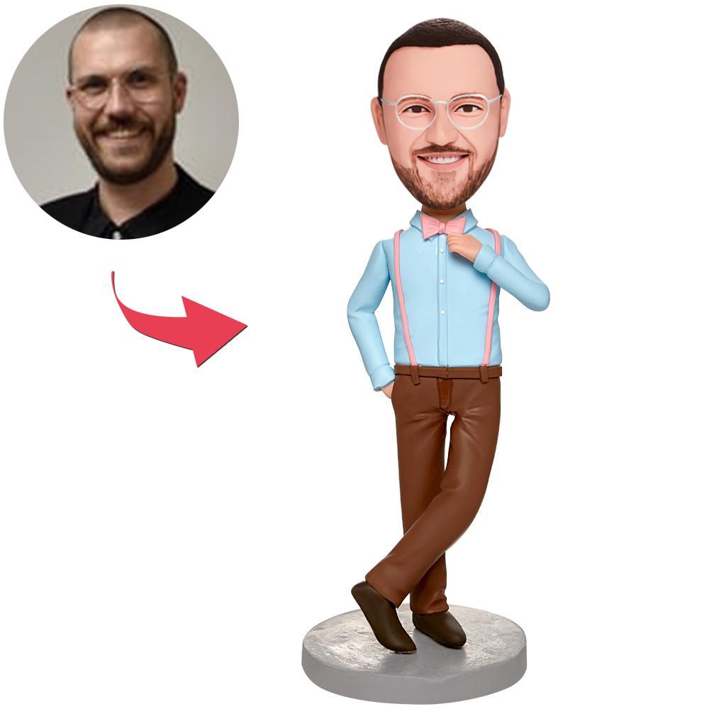 Personalised blue-clothes modern man bobblehead with engraved base - polymer clay custom head modelled from your photo, ideal personalised gift