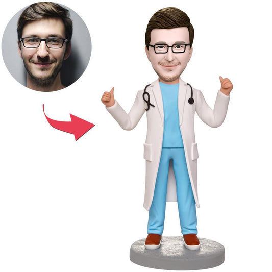 Personalised doctor bobblehead thumbs-up – handmade polymer clay doctor statue with custom face and optional engraved text; ideal custom GP figurine for Australia and the UK