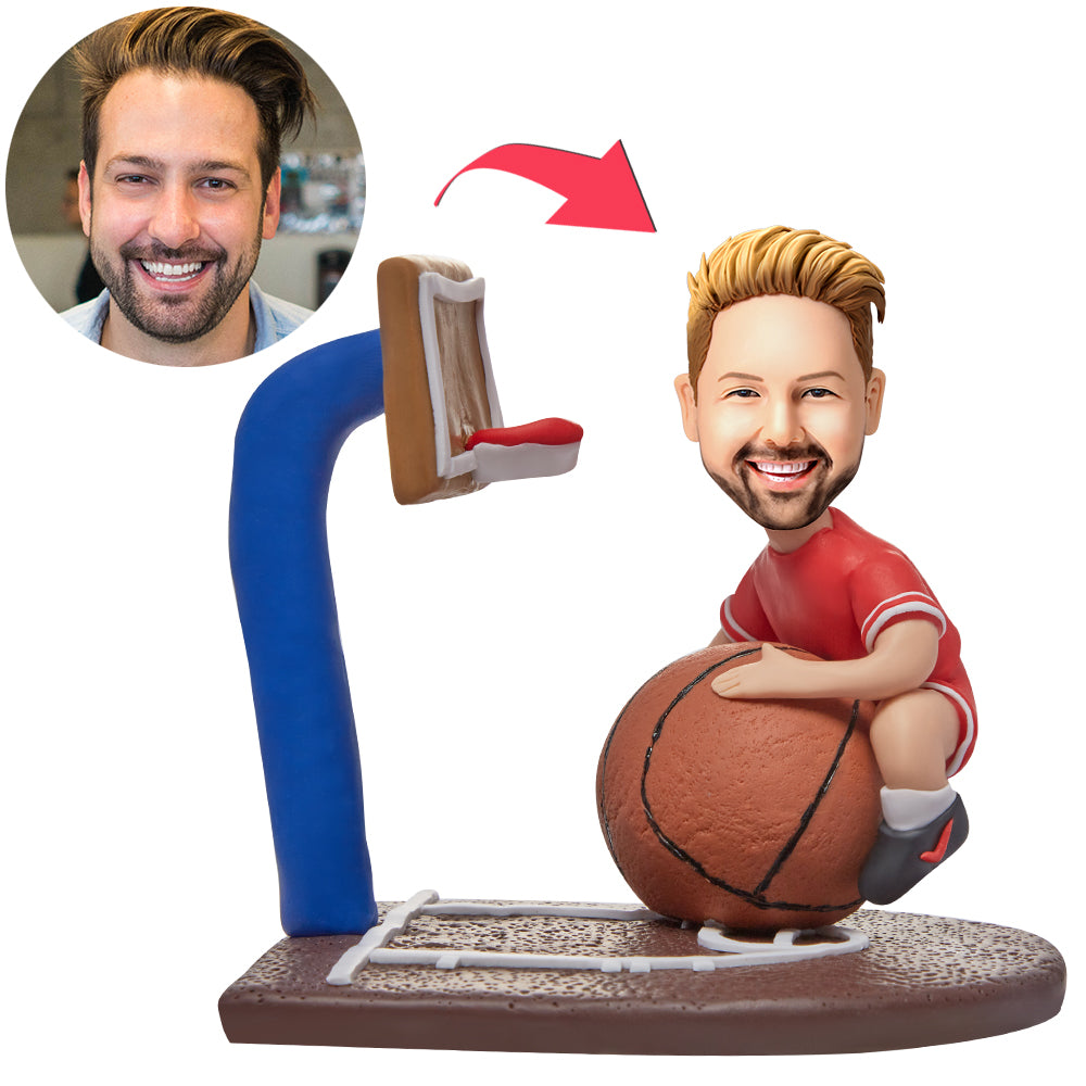 Personalised basketball bobblehead handcrafted from non-toxic polymer clay with custom head likeness and engraved name on the base – bespoke sports gift