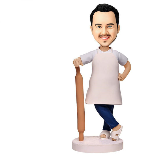 Custom male pastry chef bobblehead – personalised polymer clay mini-me chef statue with engraved text and custom face; novelty baker gift for him and engraved bobble head gift.