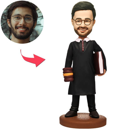 Male Judge Custom Bobblehead with personalised face and engraved base — handcrafted polymer clay gift for judges, barristers and law graduates
