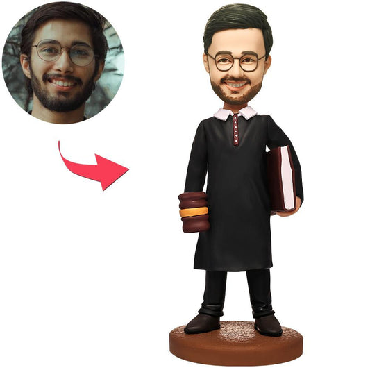 Male Judge Custom Bobblehead with personalised face and engraved base — handcrafted polymer clay gift for judges, barristers and law graduates