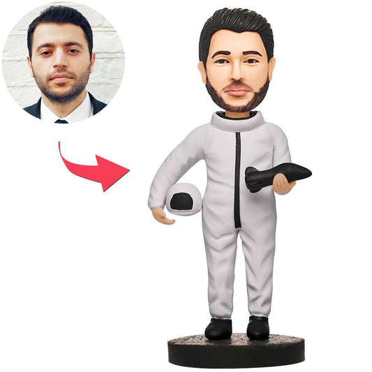 Personalised male astronaut bobblehead with custom face sculpt and engraved base – polymer clay figurine gift for him