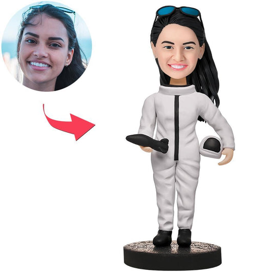 Personalised female astronaut bobblehead with custom face and optional engraved text – handmade polymer clay space figurine gift for women, wives and mums