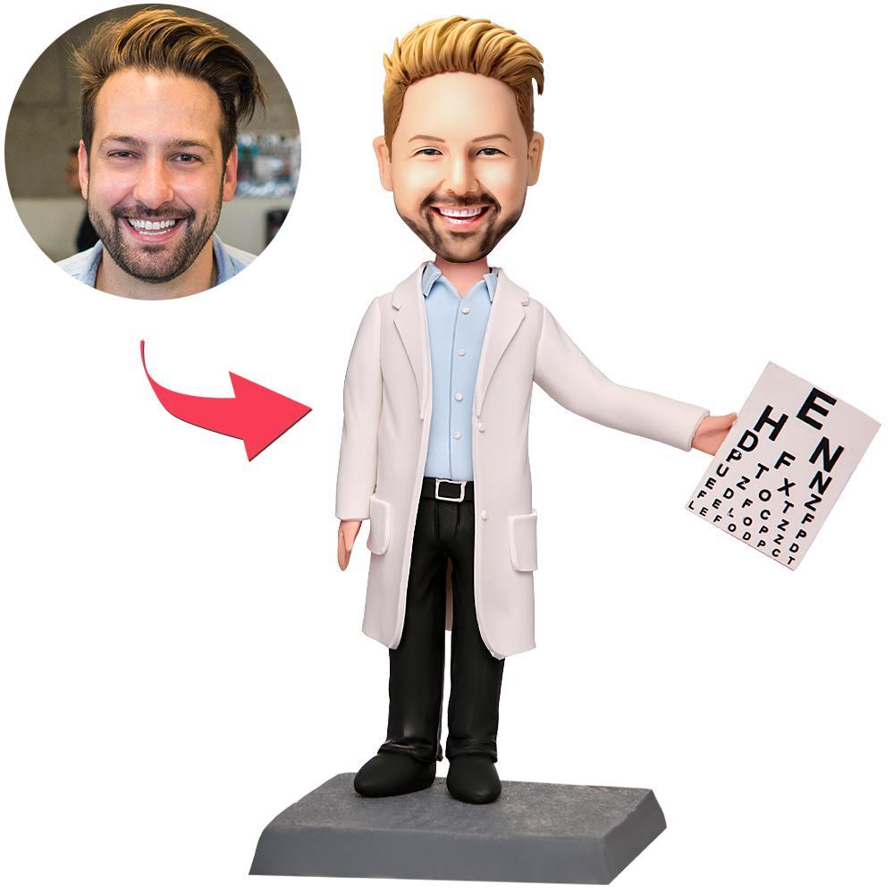 Handmade personalised male optometrist bobblehead in polymer clay with a custom head sculpted from your photos and engraved text on the base, ideal clinic desk ornament