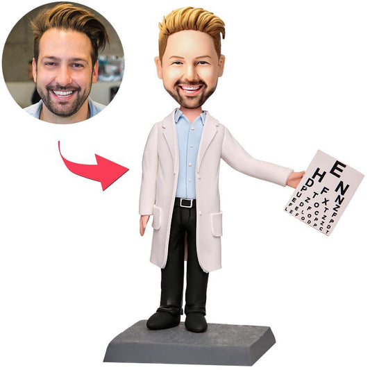 Handmade personalised male optometrist bobblehead in polymer clay with a custom head sculpted from your photos and engraved text on the base, ideal clinic desk ornament