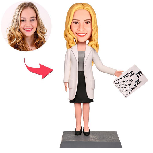 Personalised female optometrist bobblehead, hand‑sculpted polymer clay figure with engraved base – custom bobblehead gift for optometrist
