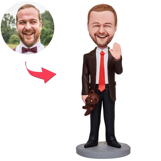 Mr Bean custom bobblehead with personalised head sculpt and optional engraved text on the base – hand-made polymer clay novelty gift