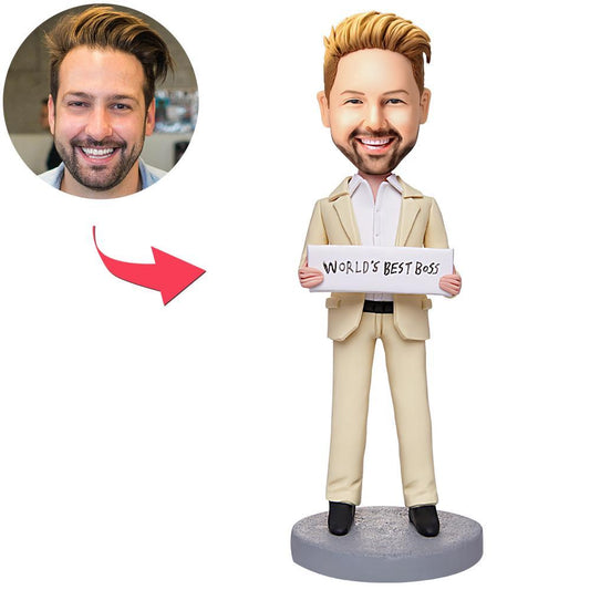 World's Best Boss personalised businessman bobblehead in polymer clay with custom head sculpted from your photo and engraved base ideal corporate gift