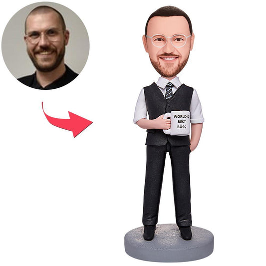 World's Best Boss personalised businessman bobblehead holding a water glass with engraved text on the base, polymer clay corporate desk gift for managers in the UK and Australia