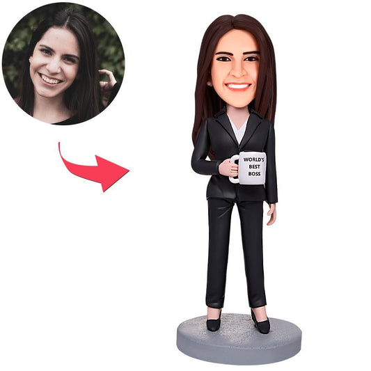 Personalised business woman bobblehead holding a water glass, custom engraved polymer clay desk ornament — ideal boss gift