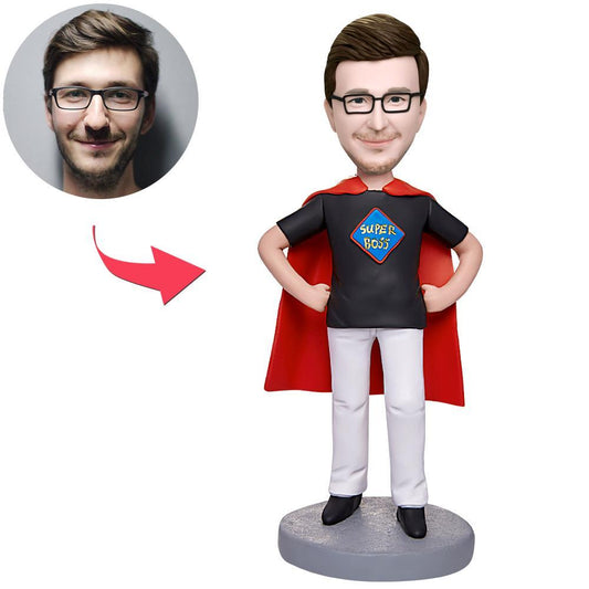 Super Boss businessman personalised bobblehead in polymer clay — customised head likeness with engraved base text, ideal corporate desk gift