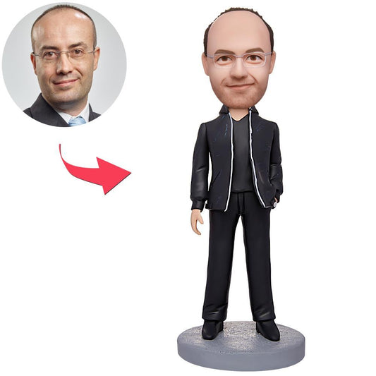 Black suit boss personalised bobblehead with engraved text — custom head only in polymer clay, ideal personalised office desk ornament and corporate boss gift