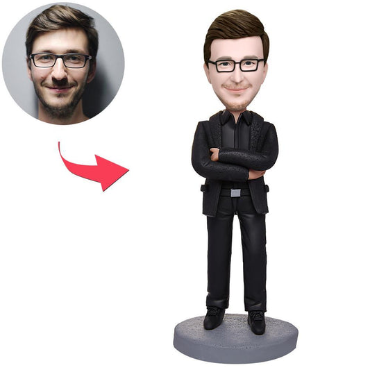 Boss With Arms Folded personalised engraved bobblehead — custom polymer clay bobblehead of a boss with folded arms, engraved base for name or short message; ideal personalised boss gift or corporate present