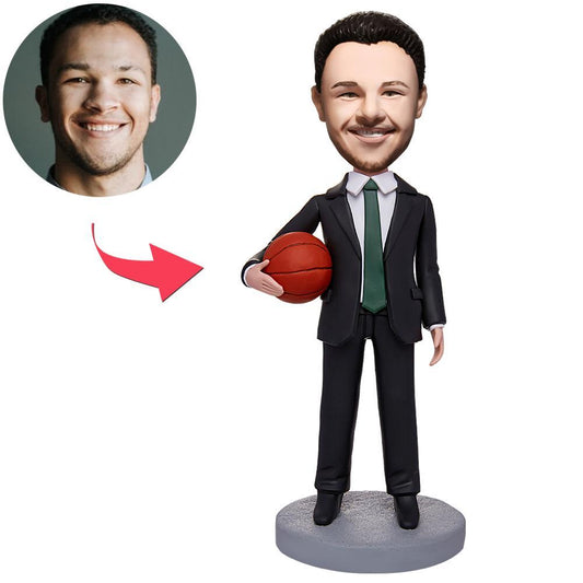 Personalised boss businessman and basketball engraved bobblehead with custom head — polymer clay figure in suit holding a basketball and engraved nameplate