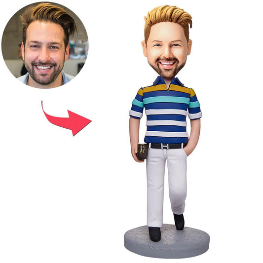 Personalised businessman bobblehead holding a custom engraved wallet, polymer‑clay figurine with a personalised head — ideal personalised bobblehead gift in the UK & Australia