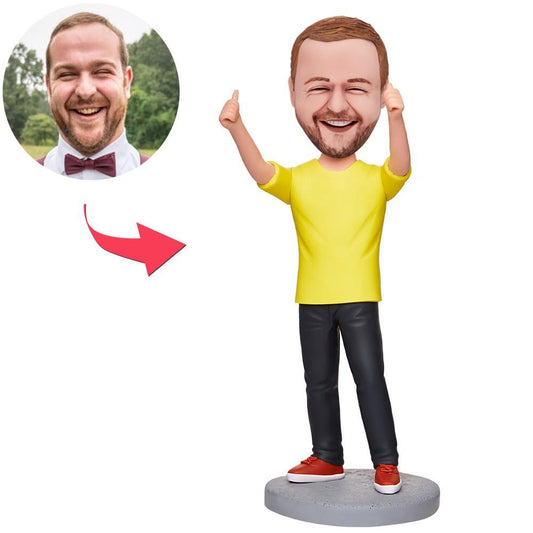 Personalised stylish casual man polymer clay bobblehead giving both thumbs up with a custom engraved head and name on the base — ideal personalised bobblehead for Australia and the UK