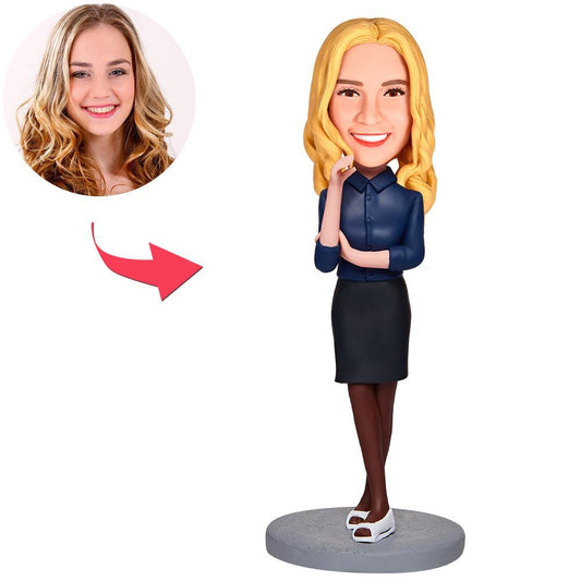 Personalised Business Woman bobblehead with engraved text – polymer clay corporate desk ornament, custom head made from your photo with fixed professional suit and pose
