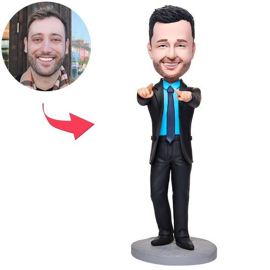 Handmade polymer clay businessman personalised bobblehead with engraved text on base, front view — custom bobble head ideal corporate gift or desk keepsake