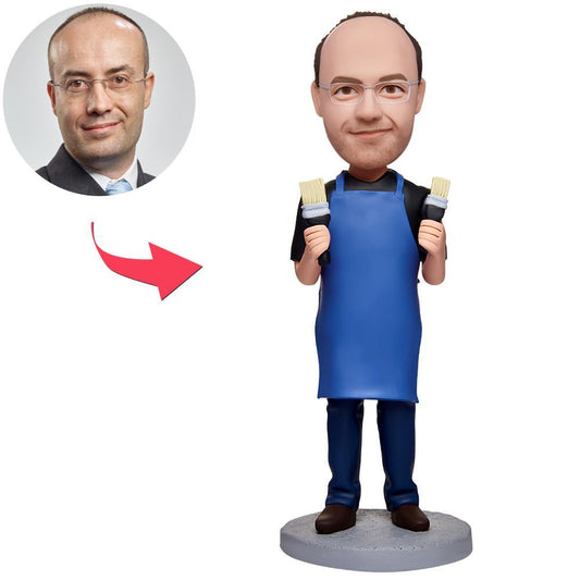 Handmade custom painter bobblehead personalised artist figurine in painter uniform holding a paintbrush on an engraved base bespoke tradesperson gift