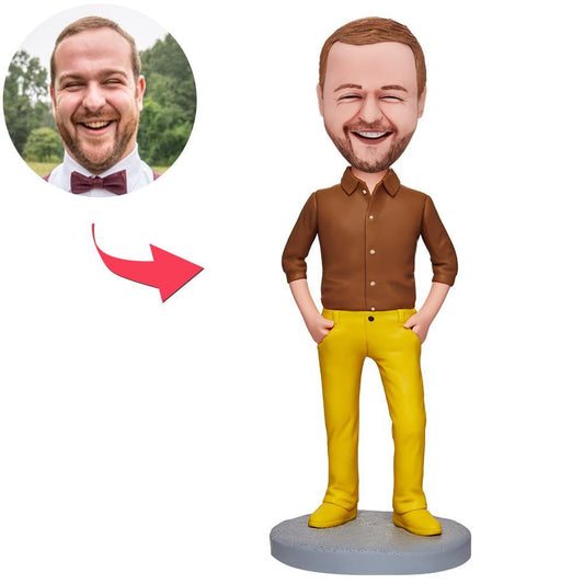 Yellow Pants fashion man custom bobblehead — personalised polymer clay figurine with customised head likeness and engraved text on the base