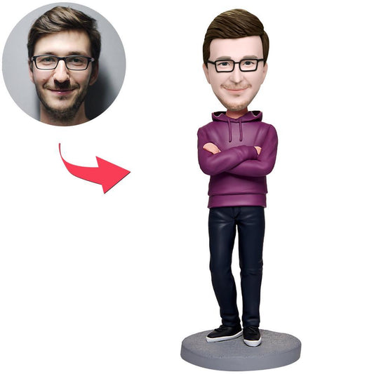 Purple outfit modern man personalised bobblehead with customised head and engraved base – polymer clay desktop ornament, custom bobblehead gift for groomsman or birthday