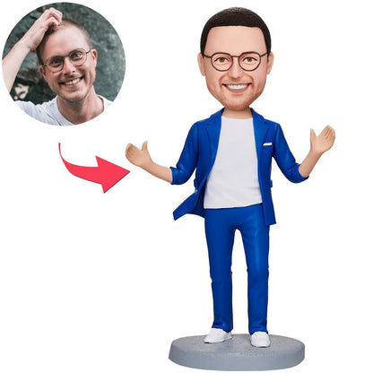 Personalised bobblehead in a smart blue suit – modern business man, handmade from premium polymer clay with a custom head and engraved base, ideal office desk gift