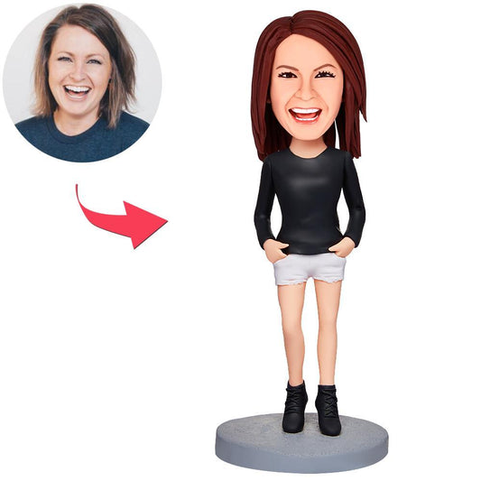 Black clothes modern woman personalised bobblehead with engraved text – polymer clay figure with customised head from your photo, stationary or moveable option