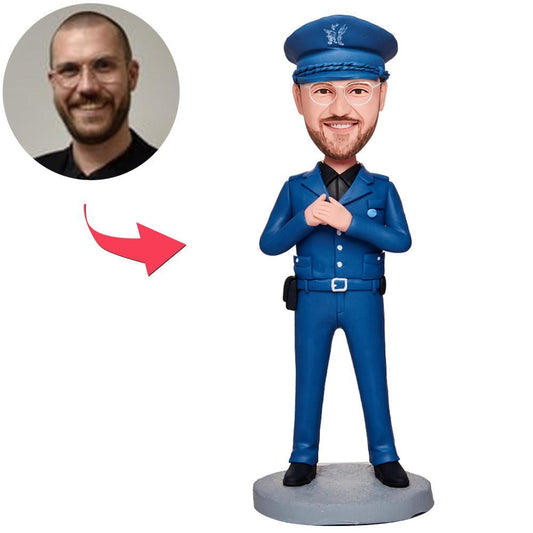 Personalised Police Officer Bobblehead with engraved text — custom polymer clay policeman figurine personalised from your photo, ideal graduation or retirement gift (UK & Australia)