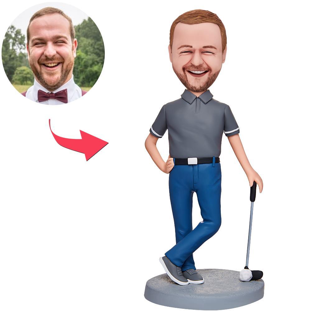 Personalised Cool Golfer male bobblehead – handcrafted polymer clay custom golfer bobblehead with engraved text on the base; head customised from your photo, ideal personalised golf gift