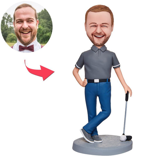 Personalised Cool Golfer male bobblehead – handcrafted polymer clay custom golfer bobblehead with engraved text on the base; head customised from your photo, ideal personalised golf gift