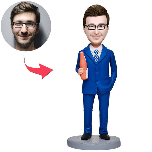 Business Man Drinking Beer personalised custom bobblehead – handcrafted polymer clay businessman in suit holding a beer; personalised head from your photo with optional engraved text, perfect office desk gift for him in Australia and the UK