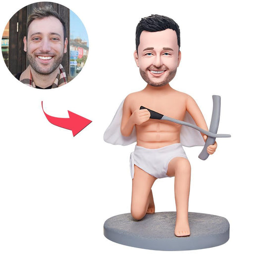 Cupid personalised bobblehead with engraved text on base, handcrafted polymer clay figure with customised head — ideal personalised anniversary or engagement gift