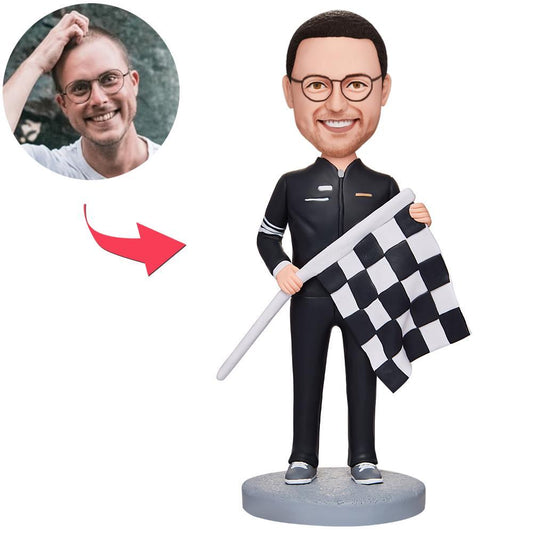 Personalised Racer Bobblehead (polymer clay) with engraved text on the base — customised head detail, ideal engraved racer gift for collectors in Australia and the UK