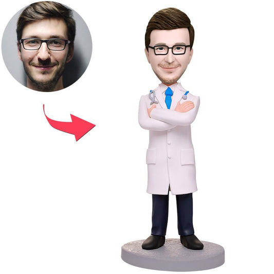 Personalised male doctor bobblehead arms folded handcrafted from polymer clay with engraved text option ideal medical graduation gift for NHS doctors GPs and clinic desks