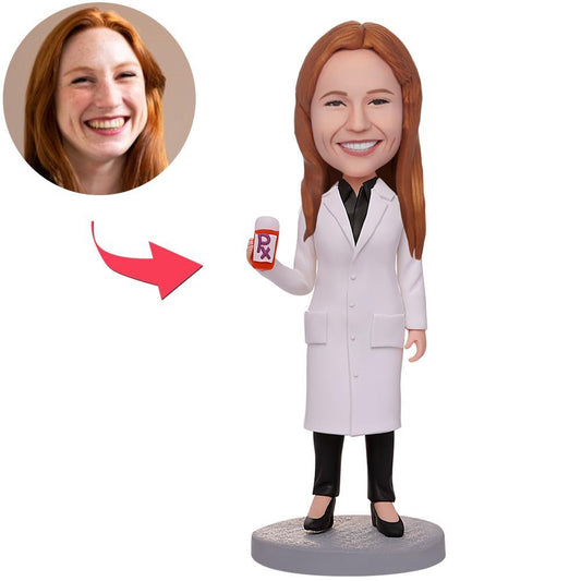 Handmade polymer clay personalised female laboratory worker bobblehead in lab coat with custom head sculpt and engraved base – custom lab worker bobblehead Australia