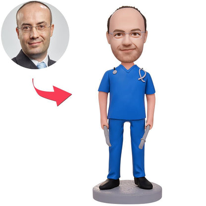 Male doctor custom bobblehead holding medical tools with engraved text on base, polymer clay personalised head, front view