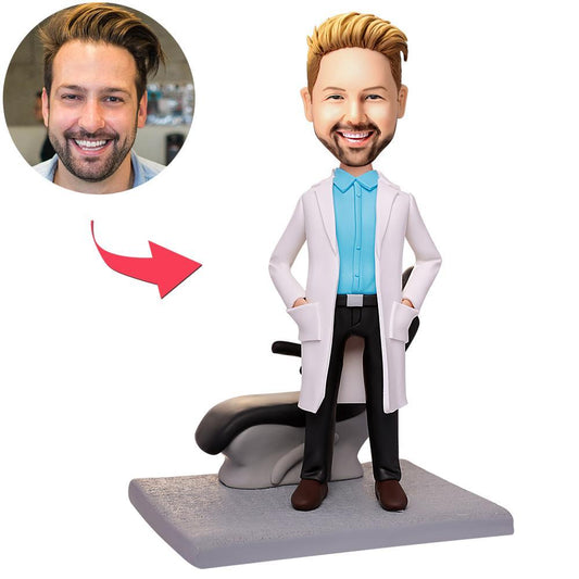 Personalised male dentist bobblehead with chair and engraved base, custom dentist figurine in polymer clay — perfect personalised gift for dentists in Australia and the UK