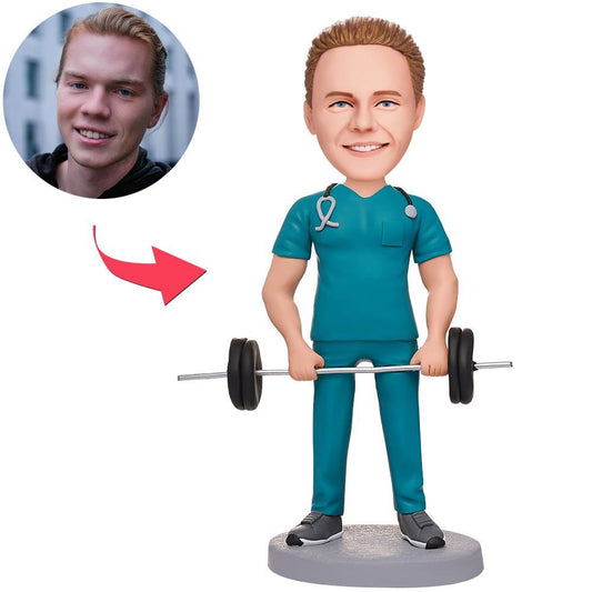 Personalised fitness male doctor bobblehead standing on an engraved base — custom polymer clay bobblehead with personalised name or quote