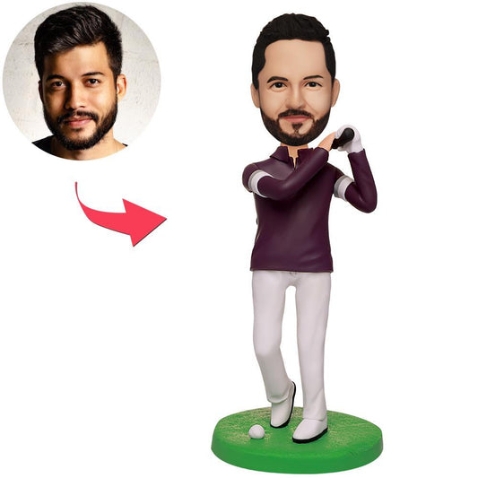 Personalised White-Pants Golfer bobblehead (man) in polymer clay — front view of a custom sculpted head on standard body wearing white-pants golfing outfit, with option for engraved text on the base; ideal personalised golf gift