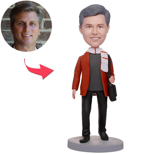 Personalised Casual Man in Scarf Bobblehead with engraved text on base – polymer clay custom bobblehead, head personalised from your photos, ideal personalised gift for him