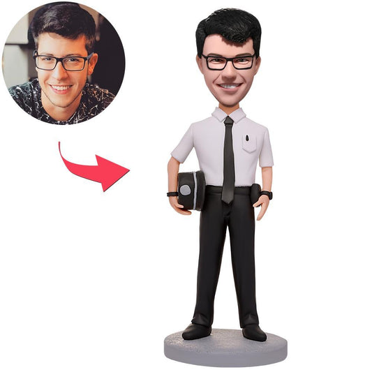 Personalised policeman bobblehead holding police hat with engraved base — custom head and hairstyle, perfect personalised gift for dad, boyfriend or colleague