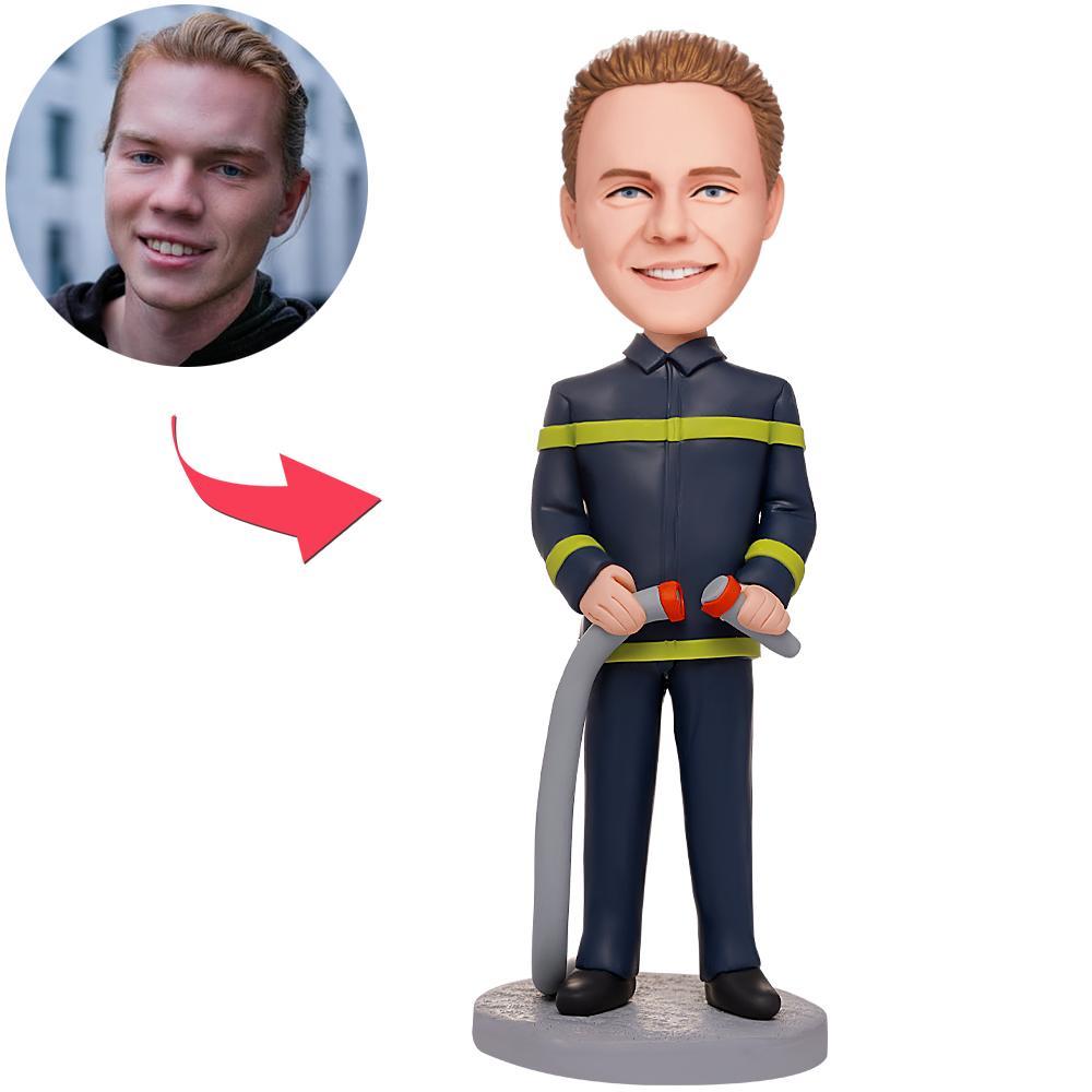 Personalised fireman holding hose bobblehead with engraved text, handcrafted polymer clay custom firefighter gift with personalised face