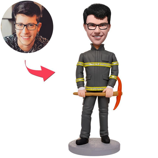 Custom Fireman Bobblehead holding tools – personalised engraved polymer clay firefighter figurine, handcrafted keepsake gift for Father’s Day, retirement or promotion