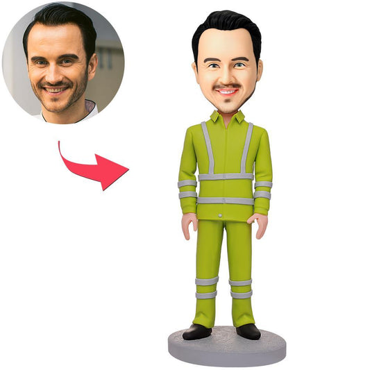 Custom firefighter bobblehead with personalised head and engraved text on wooden base, handmade polymer clay fireman figurine in full firefighting uniform