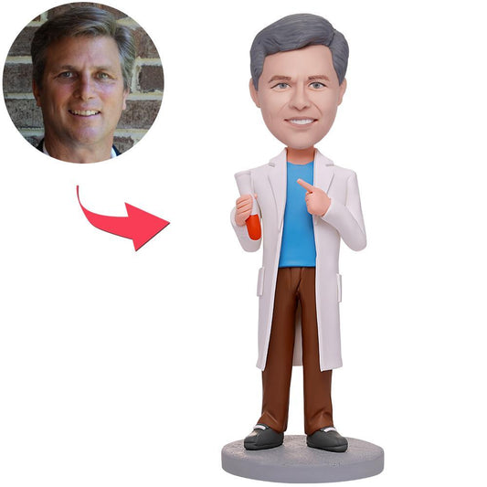 Custom Scientist Bobblehead personalised lab figurine – handcrafted polymer clay scientist in lab coat holding medicament prop with engraved base text, a bespoke custom face gift for colleagues and researchers (UK/Australia friendly)