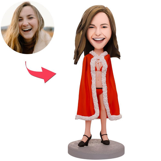 Xmas sexy female personalised polymer clay bobblehead in festive outfit with engraved base for custom text — ideal Christmas gift and stocking filler