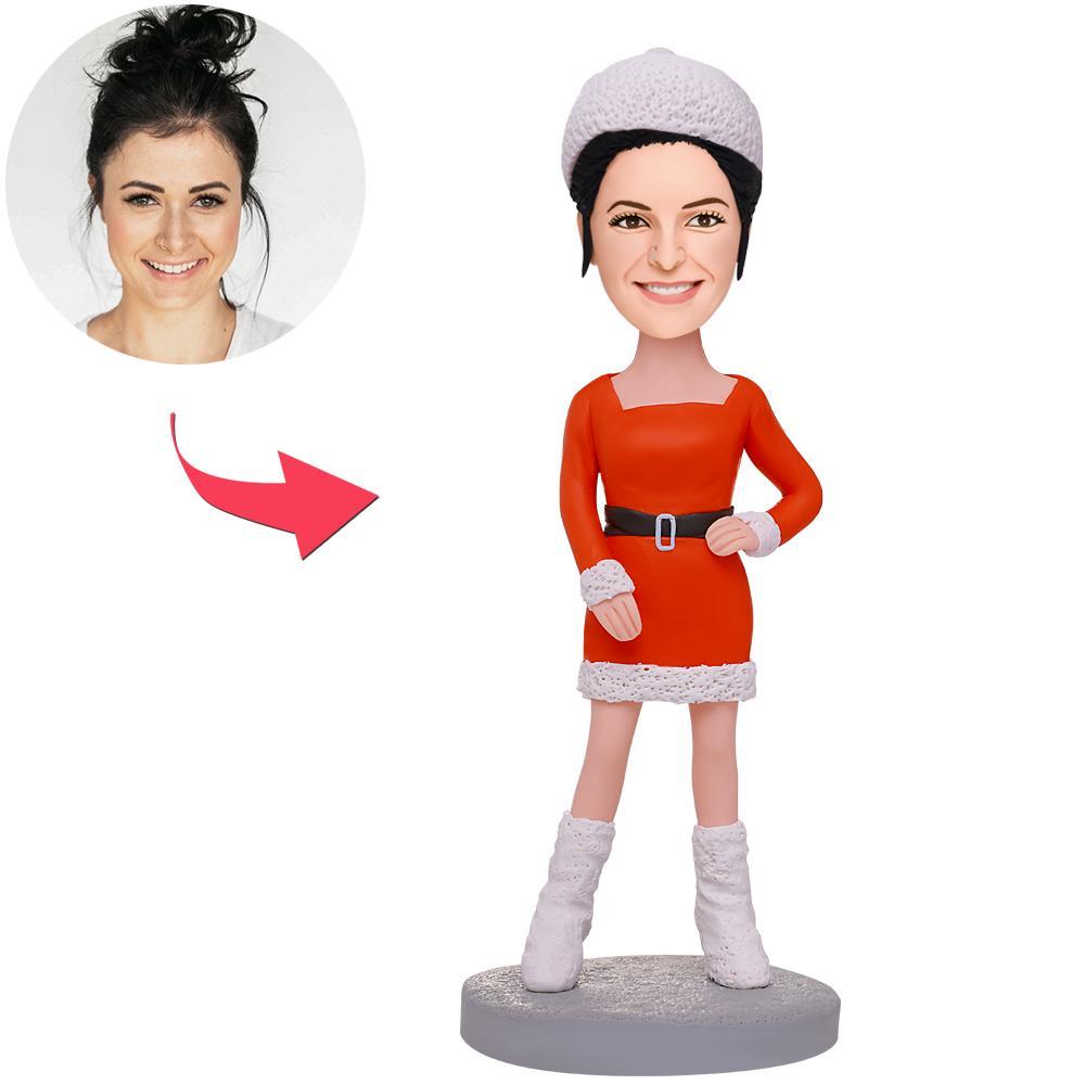 Handcrafted personalised Christmas beautiful girl bobblehead in polymer clay with engraved text plaque — custom head matched to your photo, ideal festive keepsake
